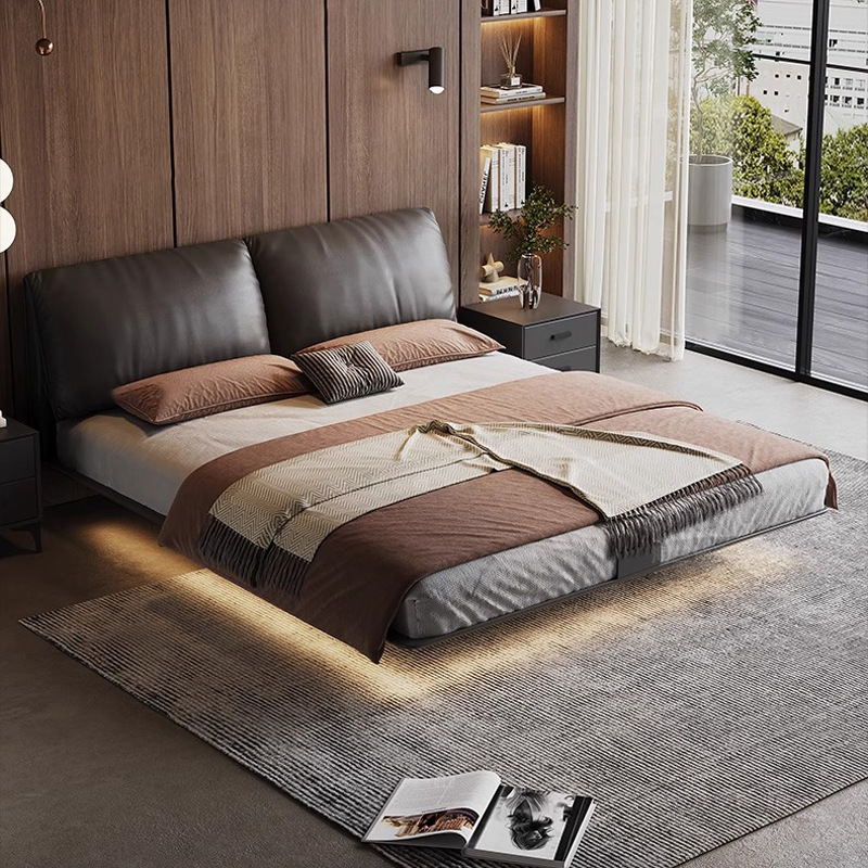 Elefante Ear Marco de acero Cama suspendida Cama de cuero minimalista italiano Cama principal de 1,8 m Cama blanda Cama de acero al carbono Negro