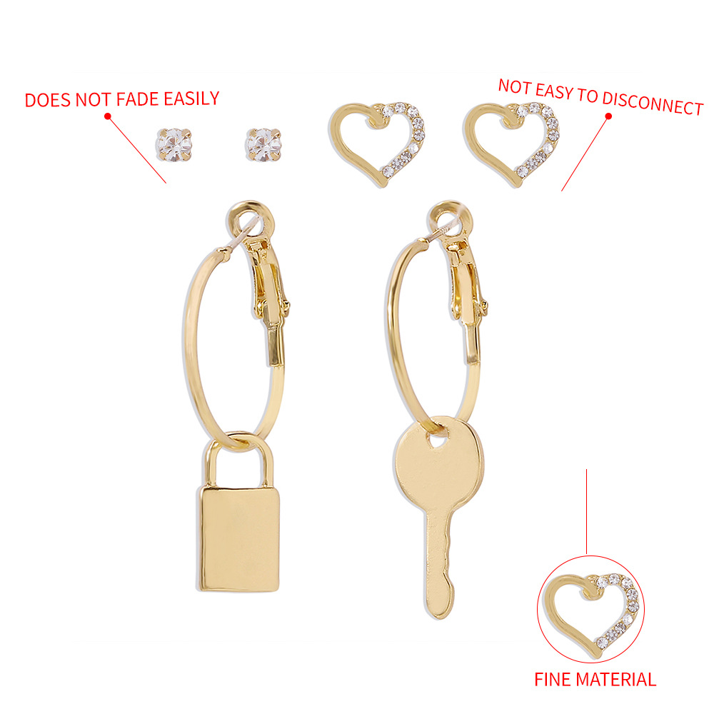 European And American Simple Key Lock Love Asymmetrical Micro-inlaid Temperament Earrings display picture 2