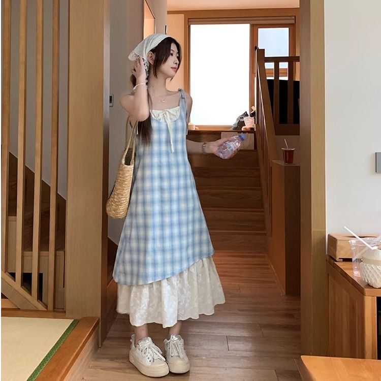 2026 Summer New Style Fake Two-Piece Dress with Lace Splicing and Plaid Suspender Dress for Women, Fresh and Loose-Fitting, Slimming Effect