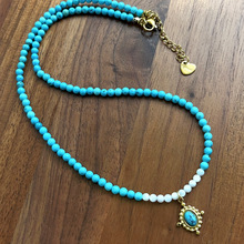 新中式文艺复古项链女l蓝色松石贝壳珠锁骨链轻奢高级感钛钢颈链