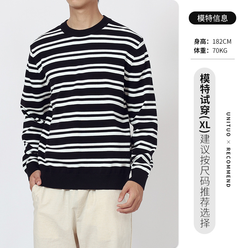 Otoño y invierno viejos suéter de alta gama de estilo de hombre casual versátil de manga larga camiseta a rayas de color contrastante camiseta de punto para hombre