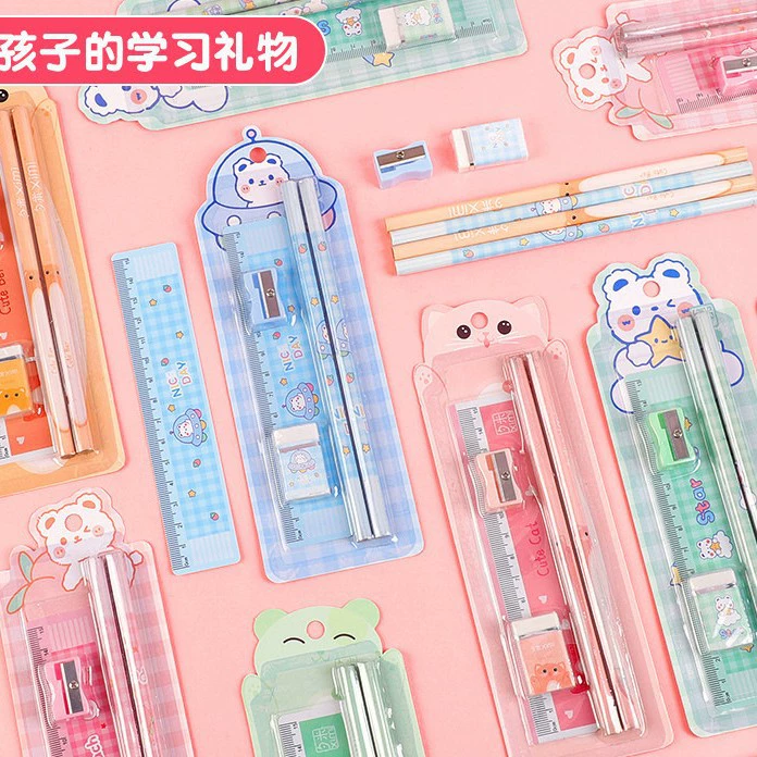 Set for students, eraser, sharpener, ruler, children's teaching stationery, 5 pieces