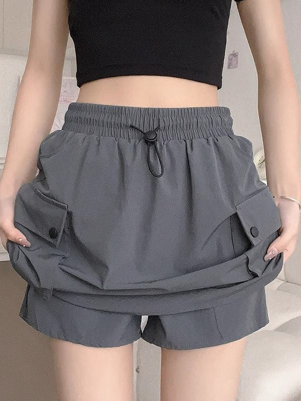 ヨーロッパとアメリカのストリートホットガール巾着弾性ウエスト作業服スカートレトロ夏痩身カレッジスタイルヒップカバーミディスカート|undefined