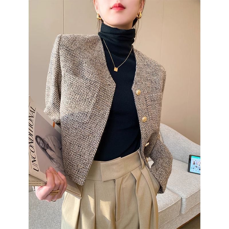 现货批发2025咖色小香风粗花呢法式短款上衣女春季新款洋气感外套|undefined