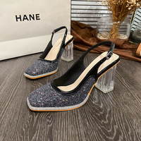 1138-5 Korean fashion sandals women's shoes Square Head Rhinestone thick heel sequins transparent crystal heel Mary Jane high heels