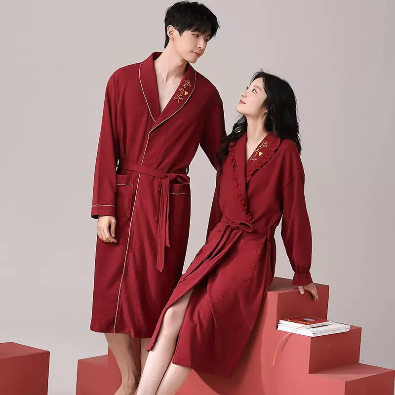 情侣睡袍春秋款结婚新娘浴袍晨袍男女新婚喜庆大红色中长款家居服