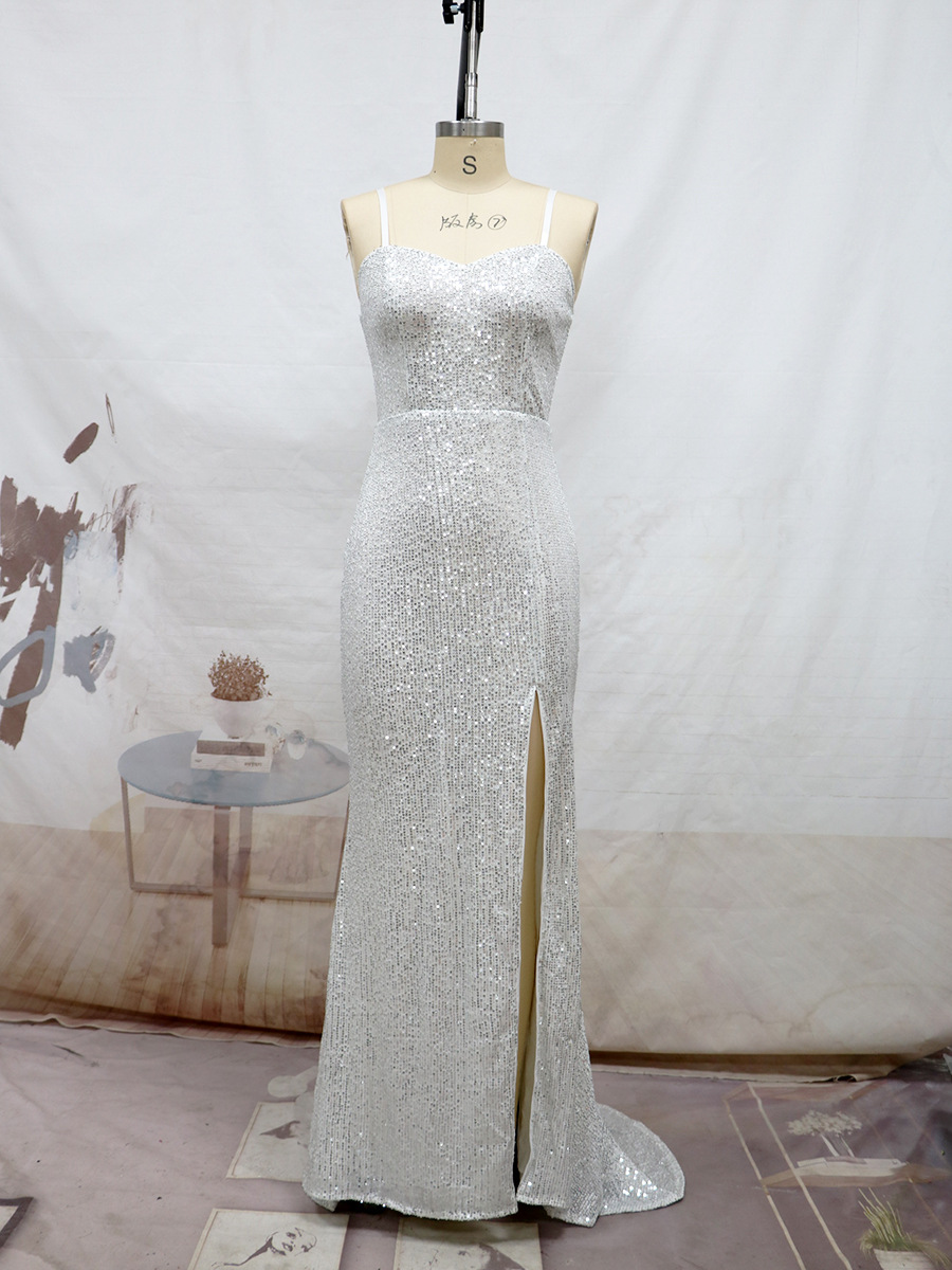 Primavera y verano europeo y americano Comercio exterior nueva correa lentejuelas split trailing vestido de noche banquete sexy Liga vestido