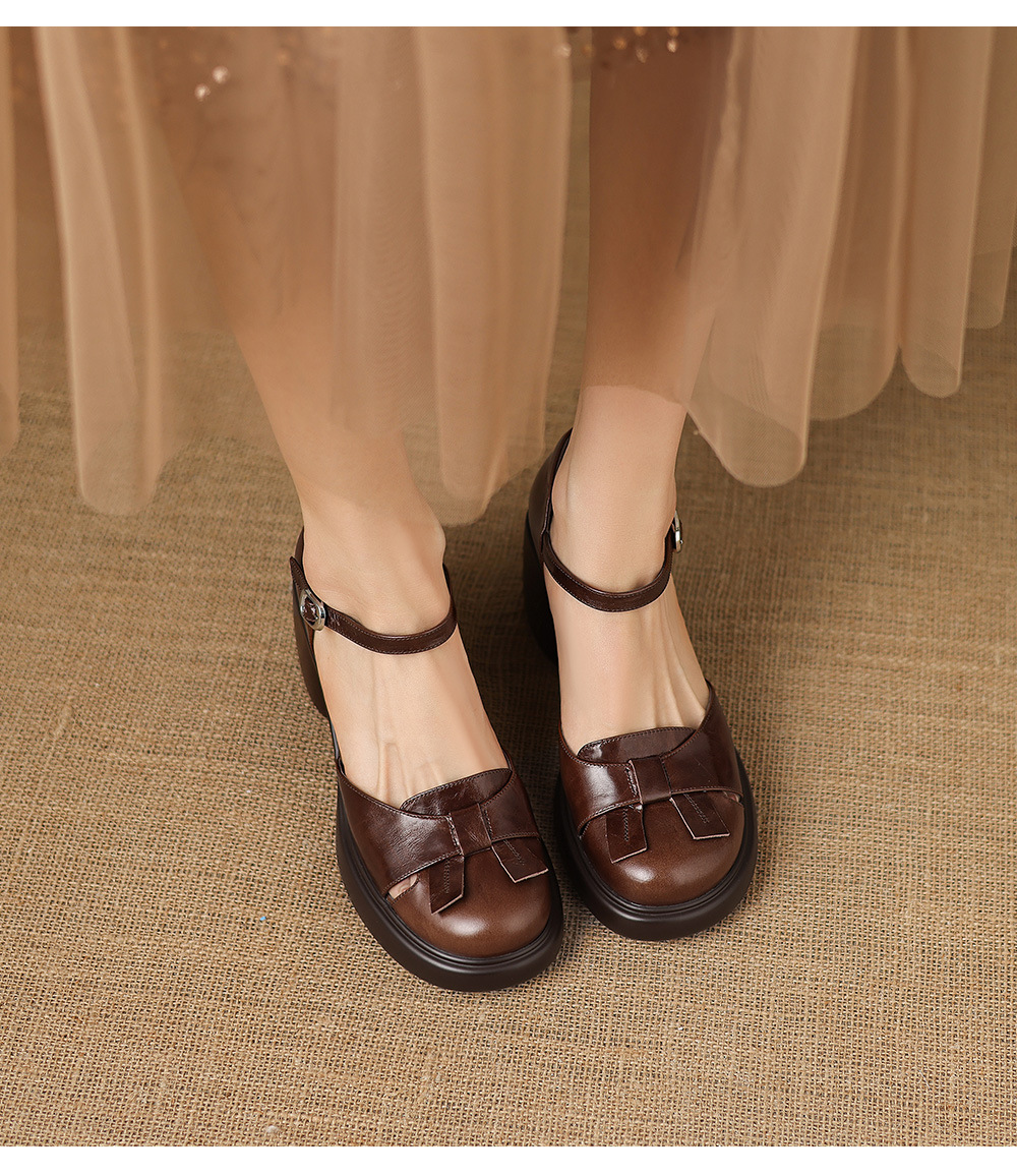 Sandal cao gót nữ mũi hở quai ngang gót vuông 7 cm — màu nâu chi tiết 6