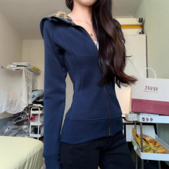 藏青色修身卫衣外套女2025新款开衫秋冬季连帽黄格显瘦设计感上衣
