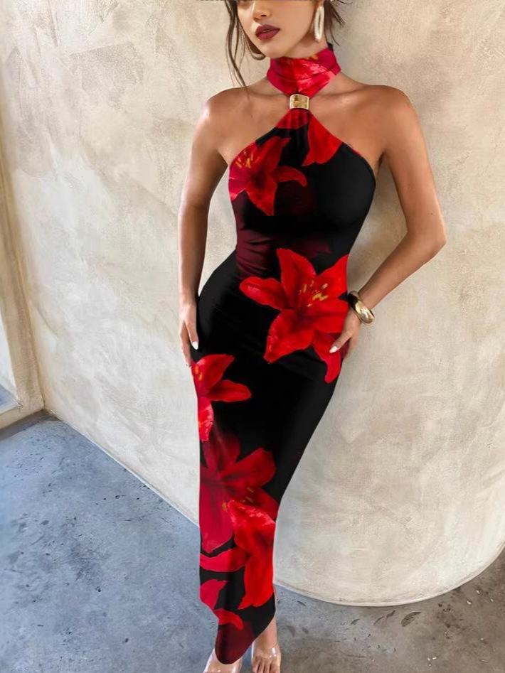 Summer Fashion High Neck Off Shoulder Floral Print Dress For Women Elegant Slit Design American Style_ecoleips.com