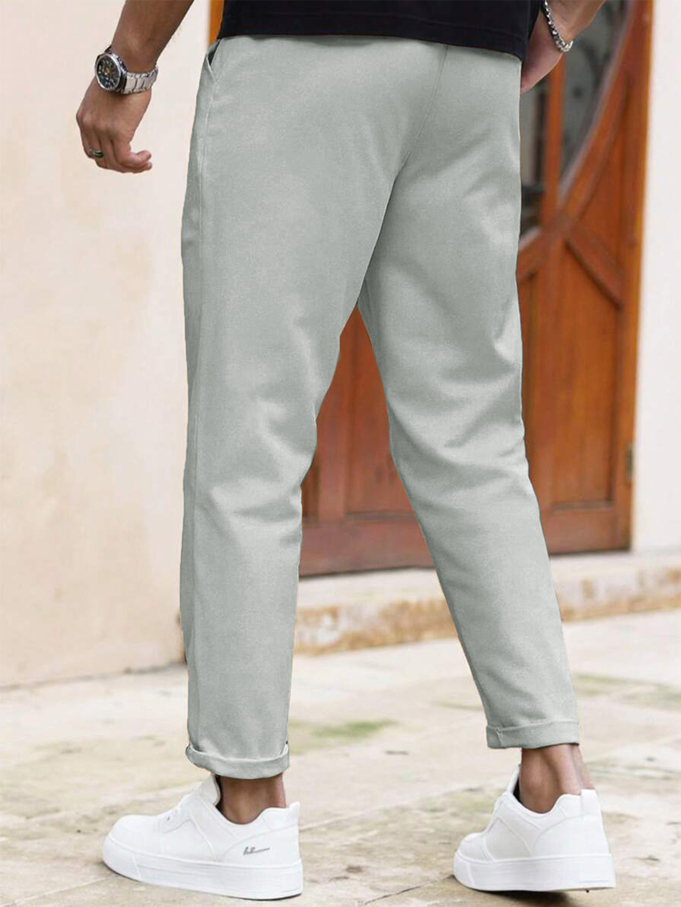 ​​"Men's Slim Fit Casual Pants - Solid Color Drawstring Waist, Lightweight Polyester For Everyday Comfort & Street Style"​​_viptrois.com