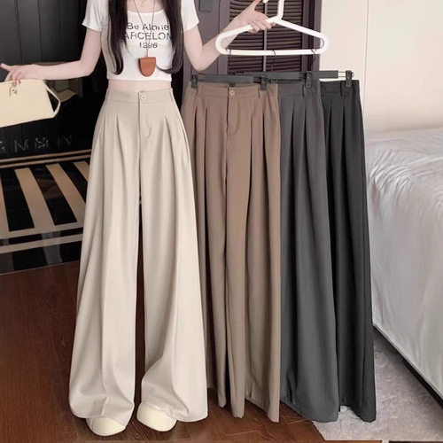 Women's Summer 2025 Apricot Color Suit Wide Leg Pants - High-End, Flowy, Loose Straight Leg Skirt for Petite Figures