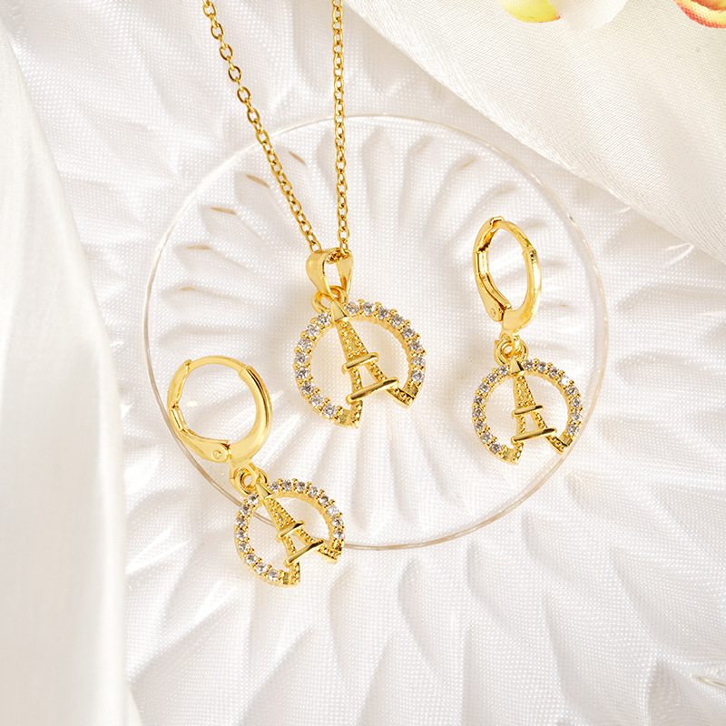 Collar de oro de arena vietnamita Pendientes de torre Eiffel con incrustaciones de circón de todo fósforo