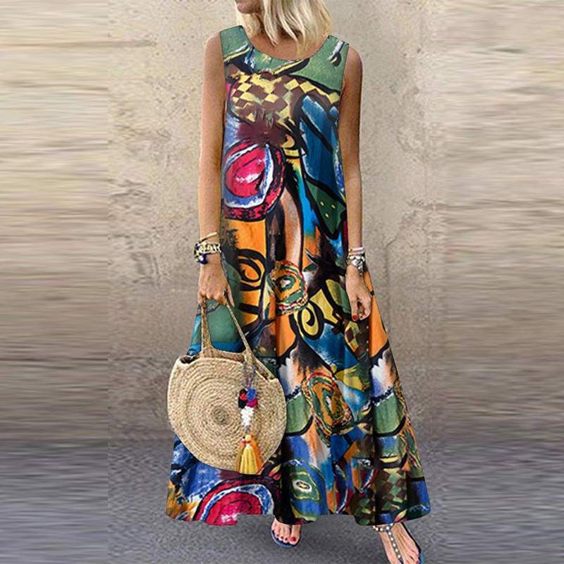 2023 Cross-Border Aliexpress Amazon New Round Neck Printed Sleeveless Long Plus Size Dress Women's Clothing