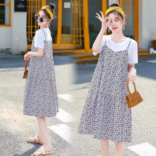 Maternity Wear New Dress Floral Zouju Spring and Summer Thin Fake Two-Piece Loose Large Size Mid-Length T-Shirt Skirt