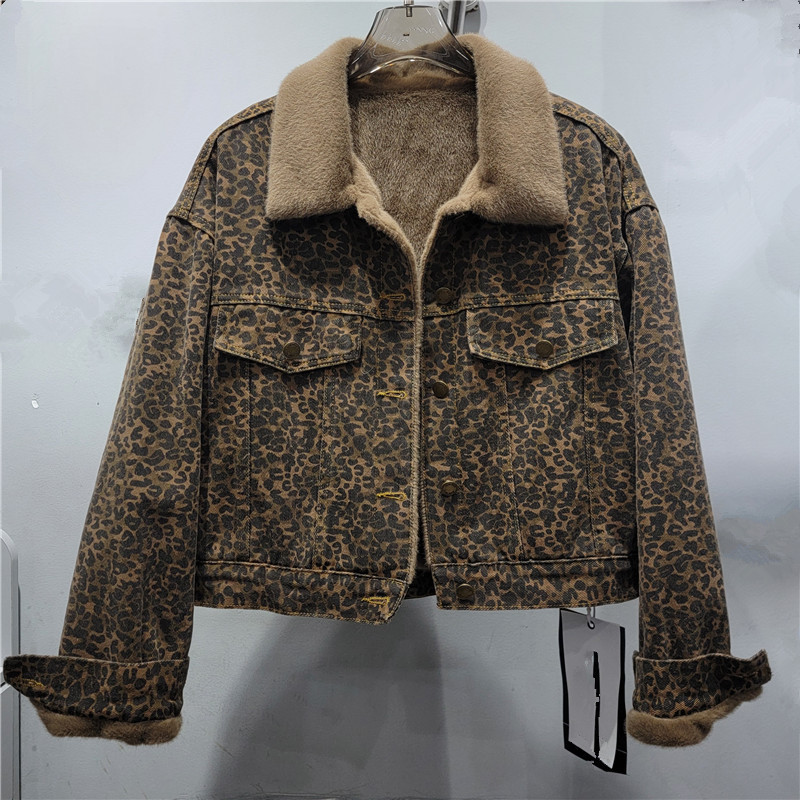 Women's Clothing Mink Leopard Print Thickened Denim Short Jacket Winter Slim Warm Tops_voghion.com