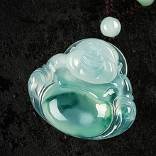 天然缅甸翡翠吊坠男女飘花玉佛挂件浅绿弥勒佛公玉石笑佛时尚送礼