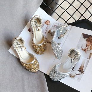 Girls' Leather Shoes 2023 Spring and Summer Korean Princess Bright Diamond High-heeled Dance Crystal Shoes Pearl Chain Shoes Trendy Shoes