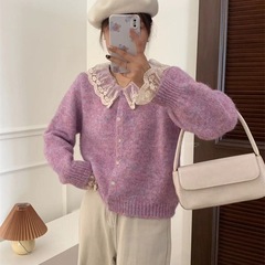 韩系甜美减龄蕾丝娃娃领针织开衫女秋冬女装温柔风气质毛衣女外套