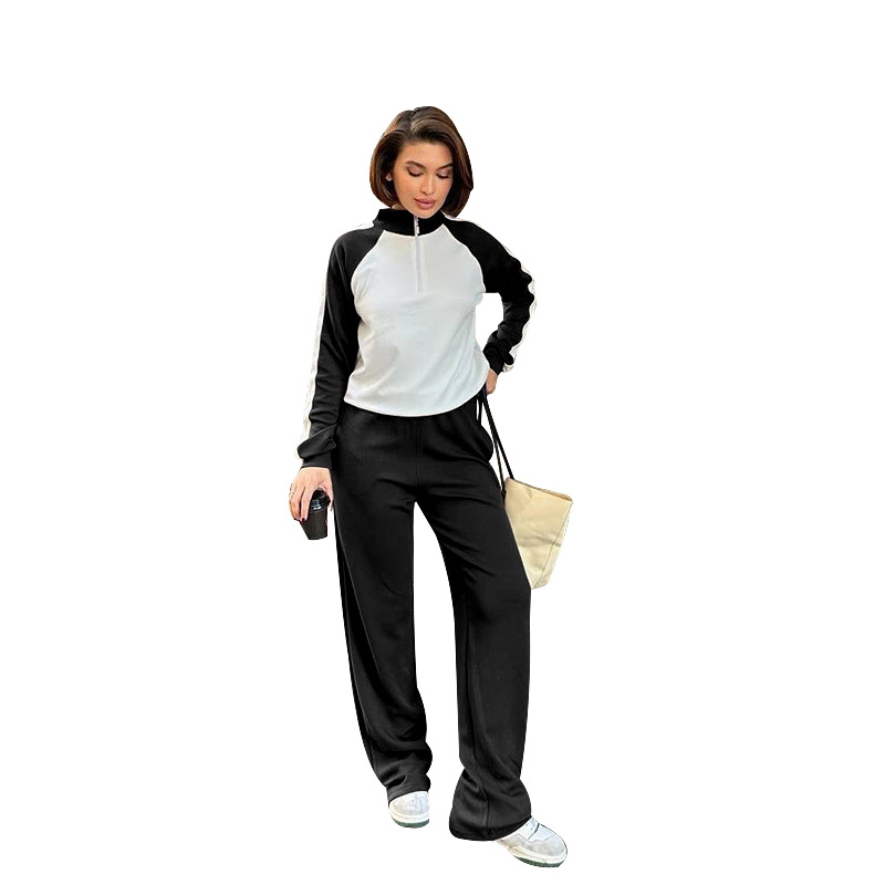 211475 Spring Autumn New Cross-Border European And American Color-Block Long-Sleeve Zipper Sweatshirt Women's Fashion_ecoleips.com