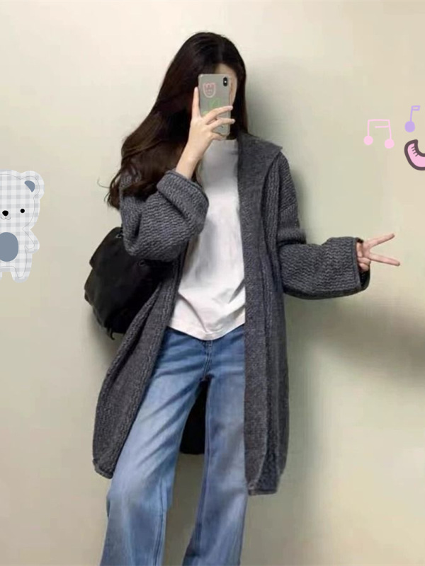 灰色中长款连帽毛衣外套女早秋季韩系气质宽松慵懒松弛感针织开衫|undefined