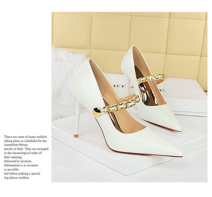 High heels women's shoes slim heels patent leather shallow mouth pointed metal chain line with single shoes_voghion.com