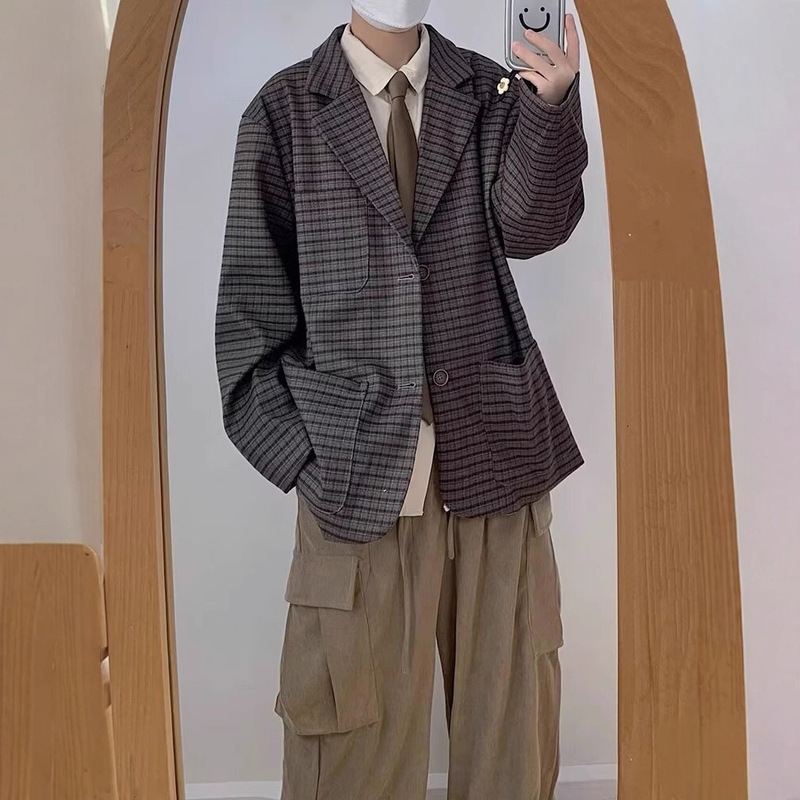 Brown Plaid Blazer Men's Spring and Autumn New Japanese Retro Loose Casual Melade Outfit Suit Jacket