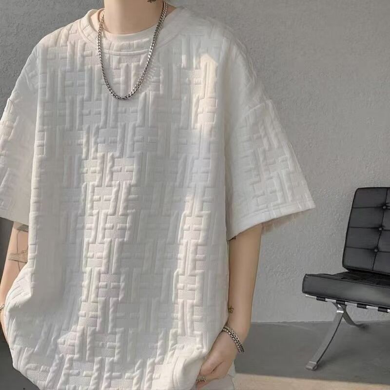 新しいジャカード半袖Tシャツメンズ2025夏トレンディハンサムイン多用途ルーズテクスチャードラウンドネックハーフスリーブ|undefined