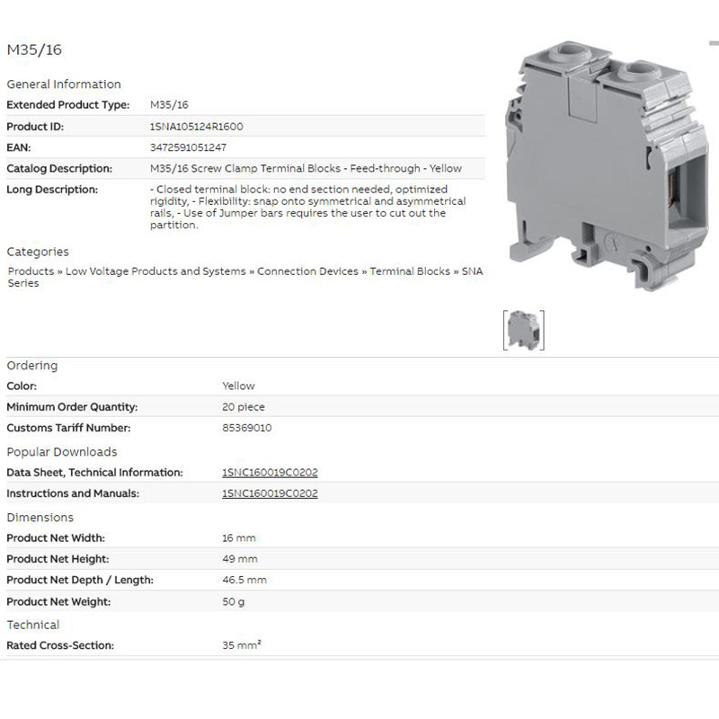 ABB35mm2螺钉接线端子 M35/16.P M35/16 M35/16.N