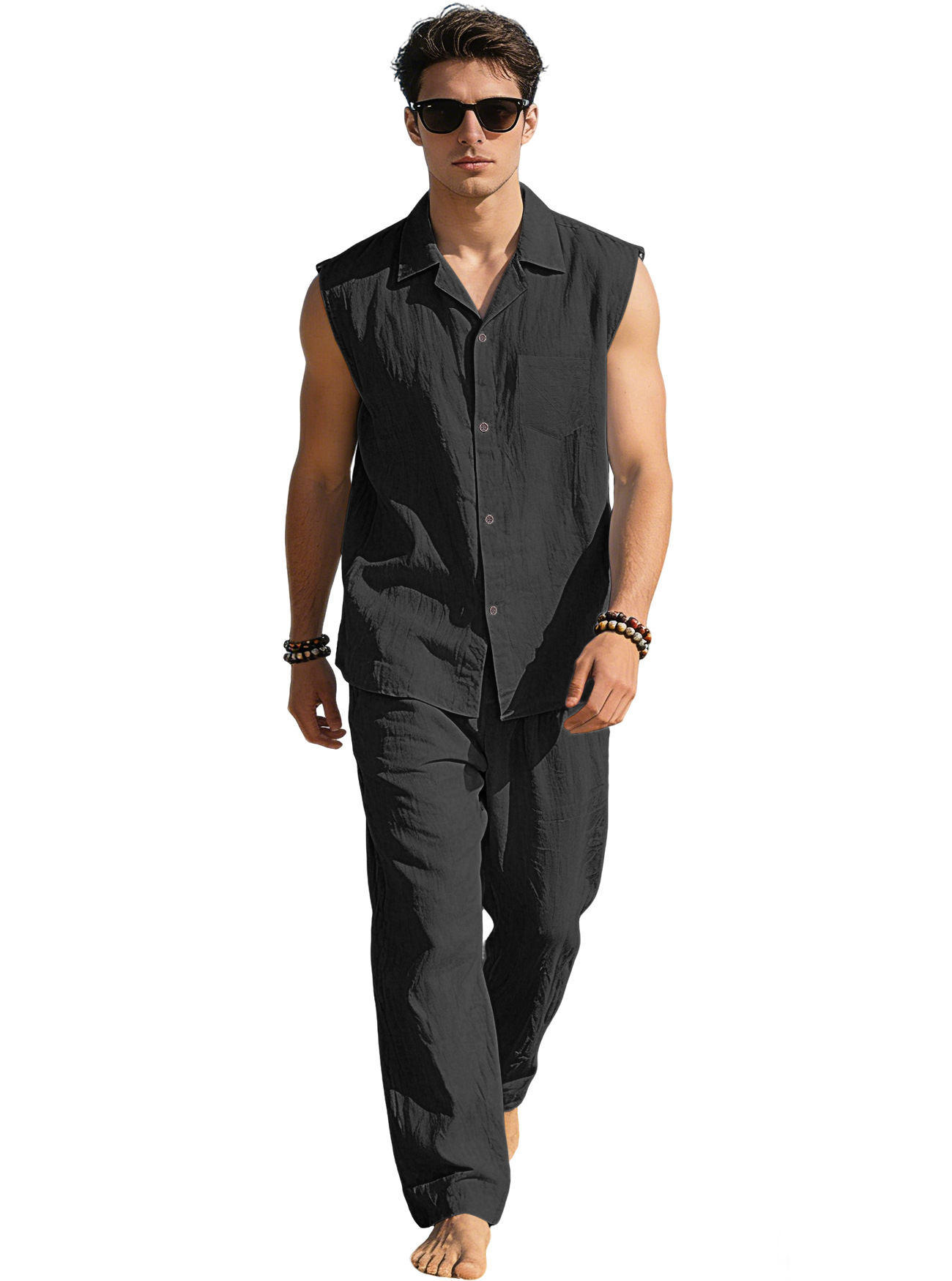 Europa y América transfronterizos de verano hombre camisa delgada sin mangas con solapa deportiva casual lino camisa de color sólido pantalón conjunto