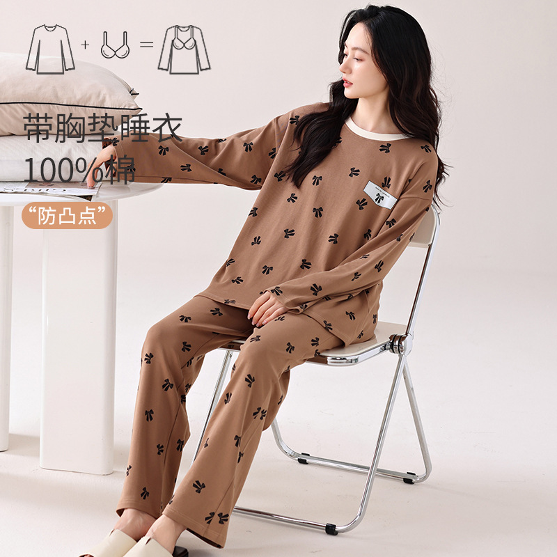 Women's Pajamas with Chest Pad for Spring and Autumn Pure Cotton Long Sleeve Korean Style Cute for Autumn and Winter with Chest Pad for Outer Wear Two-piece Suit Women's Pajamas with Chest Pad for Spring and Autumn Pure Cotton Long Sleeve Korean Style Cute for Autumn and Winter with Chest Pad for Outer Wear Two-piece Suit