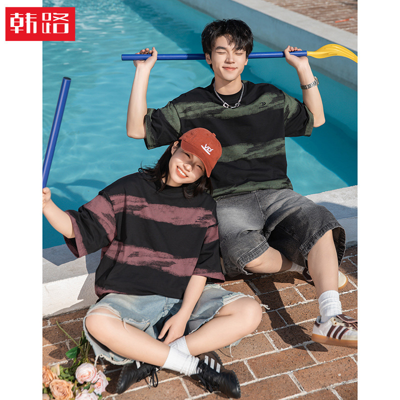 American Retro Style Tie-Dye Color-Block Striped Short-Sleeve T-Shirt for Men, Summer Trendy Brand Loose Letter Embroidery Half-Sleeve Tee American Retro Style Tie-Dye Color-Block Striped Short-Sleeve T-Shirt for Men, Summer Trendy Brand Loose Letter Embroidery Half-Sleeve Tee