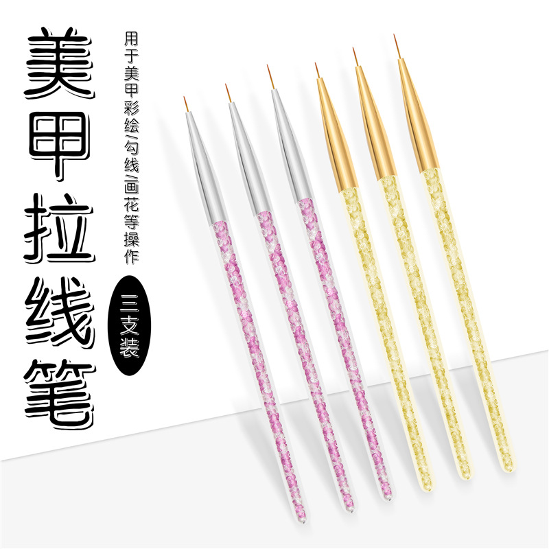 Cruz-frontera nuevo Diamante de uñas de tres piezas de la pluma de dibujo ultra-fina de uñas pintura pluma gancho línea de dibujo de la pluma de color mezclado titular de la pluma de diamante