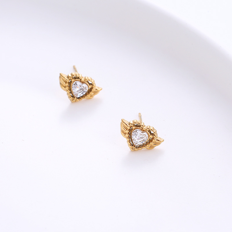 Fashion Heart Shape Wings Titanium Steel Earrings Inlaid Zircon Stainless Steel Earrings
