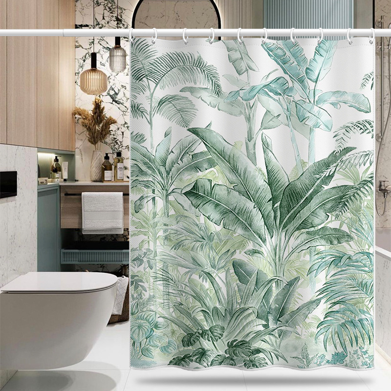Cross-border Digital Print Hawaiian Tropical Plant Leaf Polyester Waterproof And Mildew-proof Shower Curtain, No-drill_voghion.com