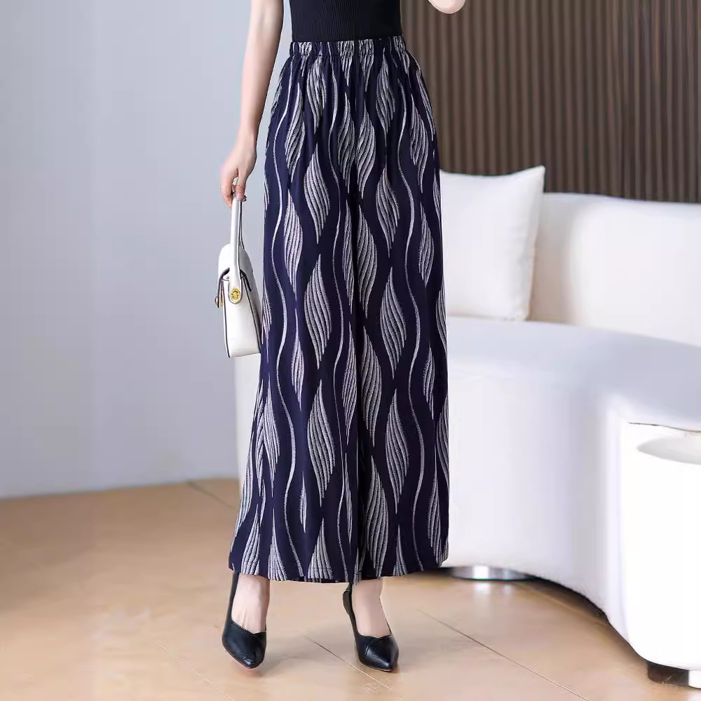 中老年阔腿裤女夏高腰松紧妈妈裙裤棉绸休闲裤大脚裤加大码花裤子