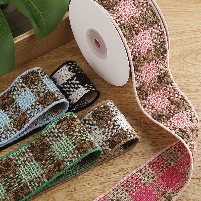 Two-color linen grid woven ribbon hair accessory DIY bow clip hair ornament shoe flower clothing collar accessory belt