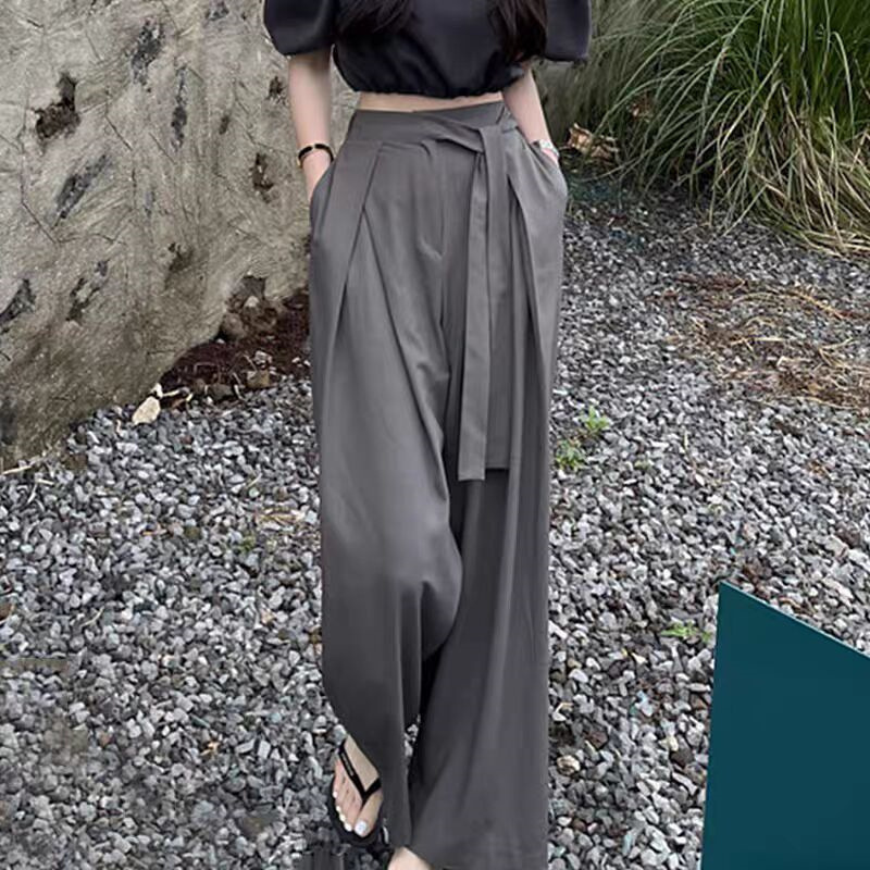 Korean Chic Niche Versatile High-Waisted Pleated Asymmetric Tie Design Drapey Wide-Leg Floor-Length Pants for Women Korean Chic Niche Versatile High-Waisted Pleated Asymmetric Tie Design Drapey Wide-Leg Floor-Length Pants for Women