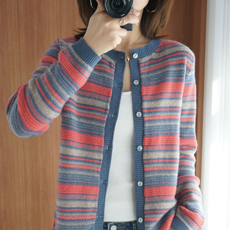 2021秋冬新款條紋開衫女單排扣針織衫韓版圓領外搭毛衣女長袖外套