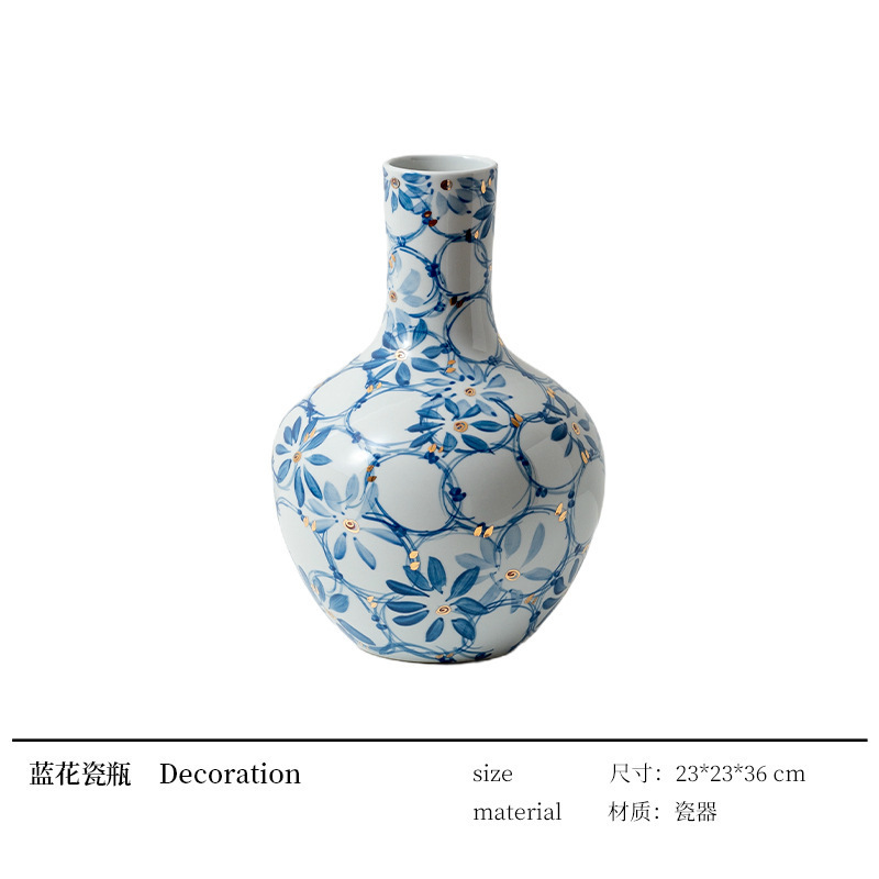 職人十三の高級手描き金青と白のセラミック大きな花瓶装飾装飾品リビングルームの新しい中国風の玄関装飾品|undefined