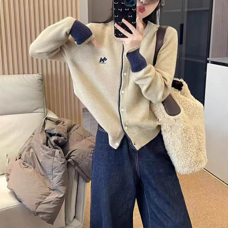 秋冬小狗刺绣针织开衫女撞色袖口拼接设计感春秋毛衣内搭上衣潮|undefined