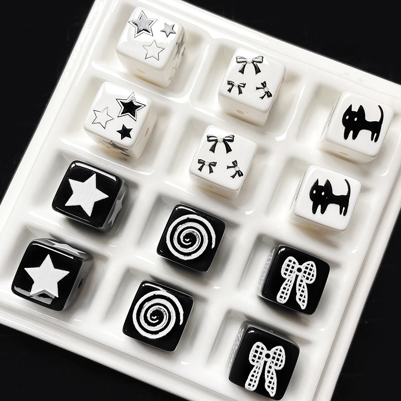 黒と白のシンプルな猫スターリボンスクエアビーズルースビーズ diy 手作りブレスレットネックレスビーズ素材|undefined