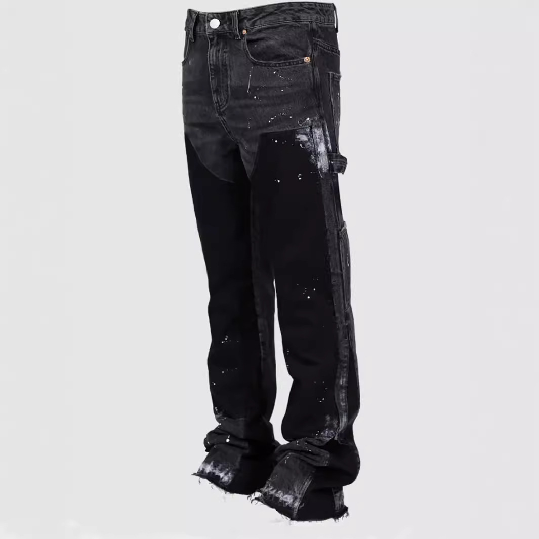2025 Men's Denim Overalls European And American Fashion Ins Tooling Explosion Elastic Patch Denim Laminated Flared Pants_voghion.com