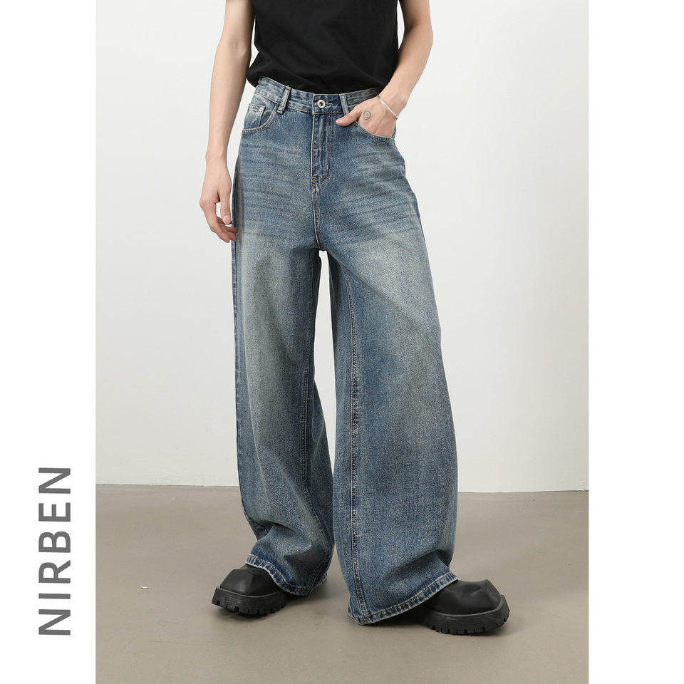Quần jeans nam ống rộng phong cách Hàn Quốc đơn giản cơ bản đi làm đa năng — màu xanh