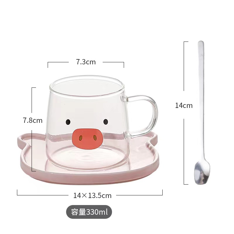 Creativo de alta apariencia de dibujos animados lindo animal expresión TAZA de vidrio taza de té de la tarde taza de café y platillo traje de combinación