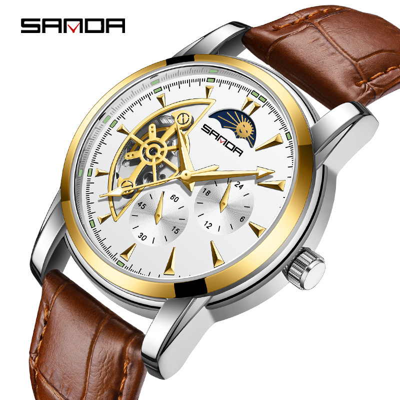 Sanda 7009 correa de acero para hombre reloj mecánico automático con 24 horas multifunción