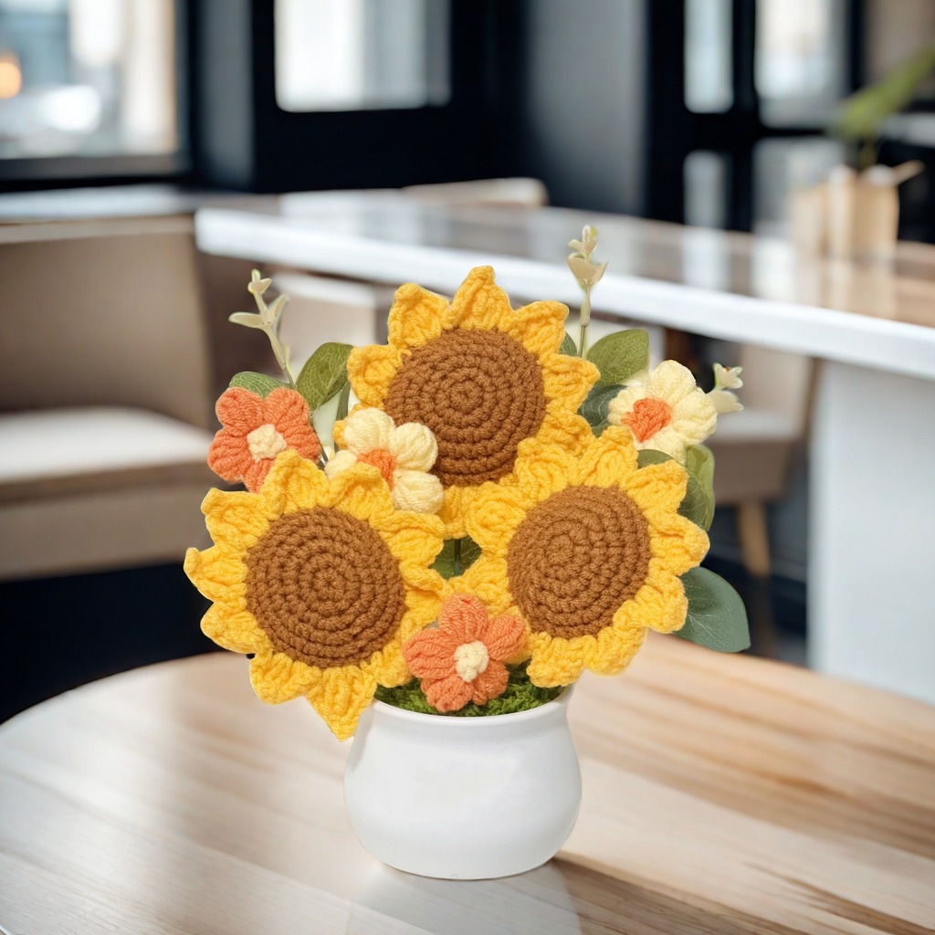 Bolsa de material de bricolaje de flores de girasol, flor tejida a mano, botella blanca pequeña, planta en maceta de punto, decoración de escritorio terminada