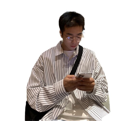 Striped long-sleeved shirt, men's spring and autumn Hong Kong style, Japanese coat, design, niche shirt, autumn handsome and fashionable top