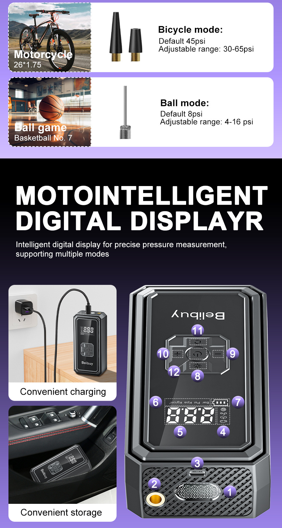 Car Air Pump Small Car Air Pump Electric Portable with Lighting Digital Display Inflatable Pump Electric Air Pump