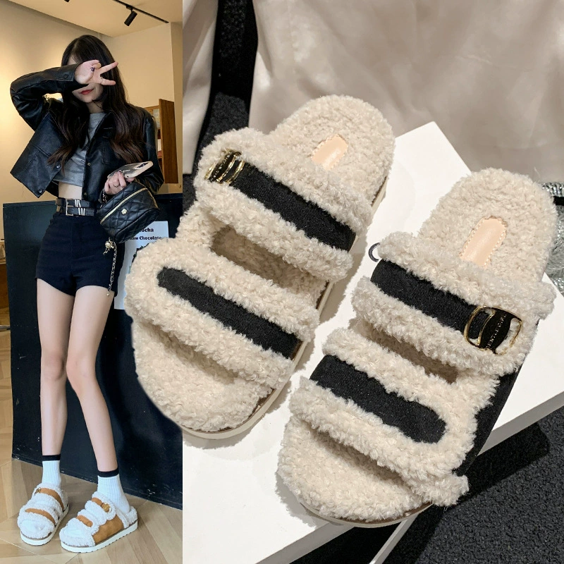 Плюшевые тапочки бокен на толстой подошве в римском стиле 2023 осень-зима Новые пушистые туфли с открытым носком Модные женские хлопковые тапочки оптом